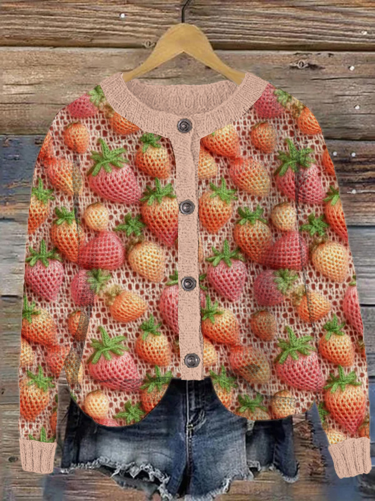 Strawberry Colorful Crochet Art Cozy Knit Cardigan
