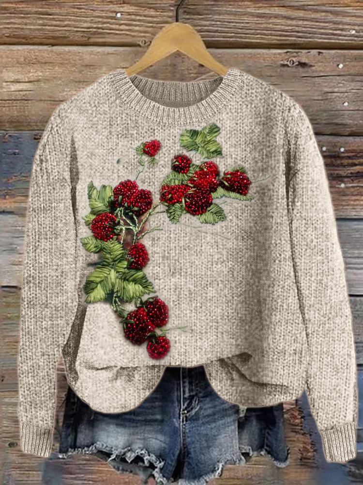 Raspberry Beaded Embroidery Art Cozy Knit Sweater