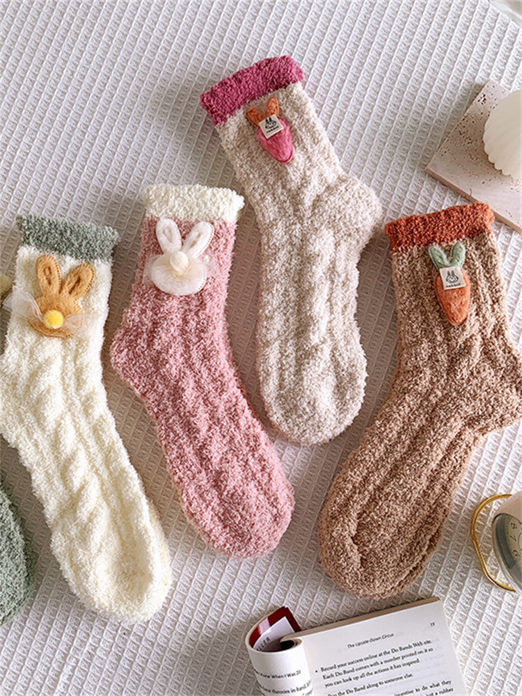 Lovely Bunny & Carrot Cable Knit Cozy Fleece Socks