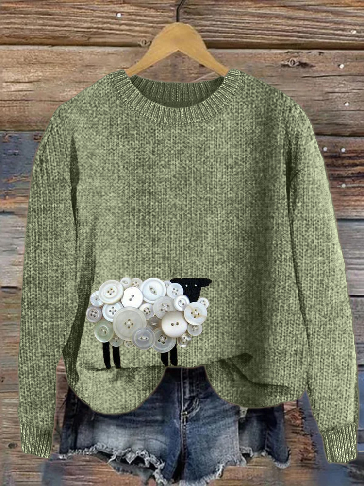 Farm Sheep Buttons Embroidery Cozy Sweater
