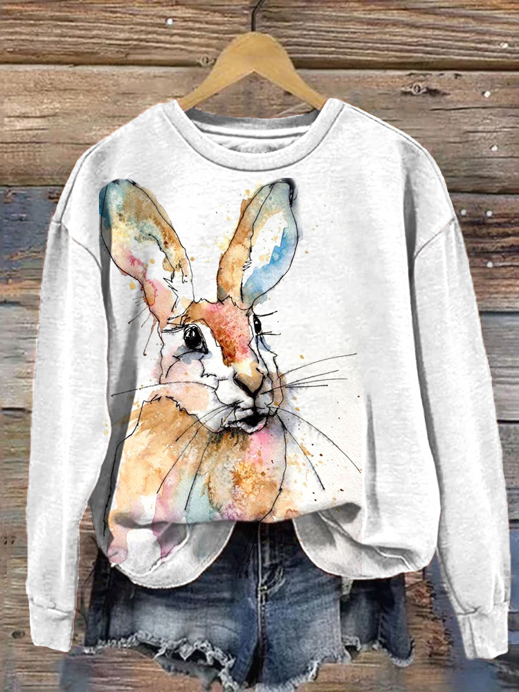Watercolor Bunny Print Casual Cozy Sweatshirt