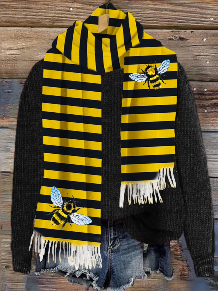 Fringed Bee Insect Pattern Striped Cozy Scarf