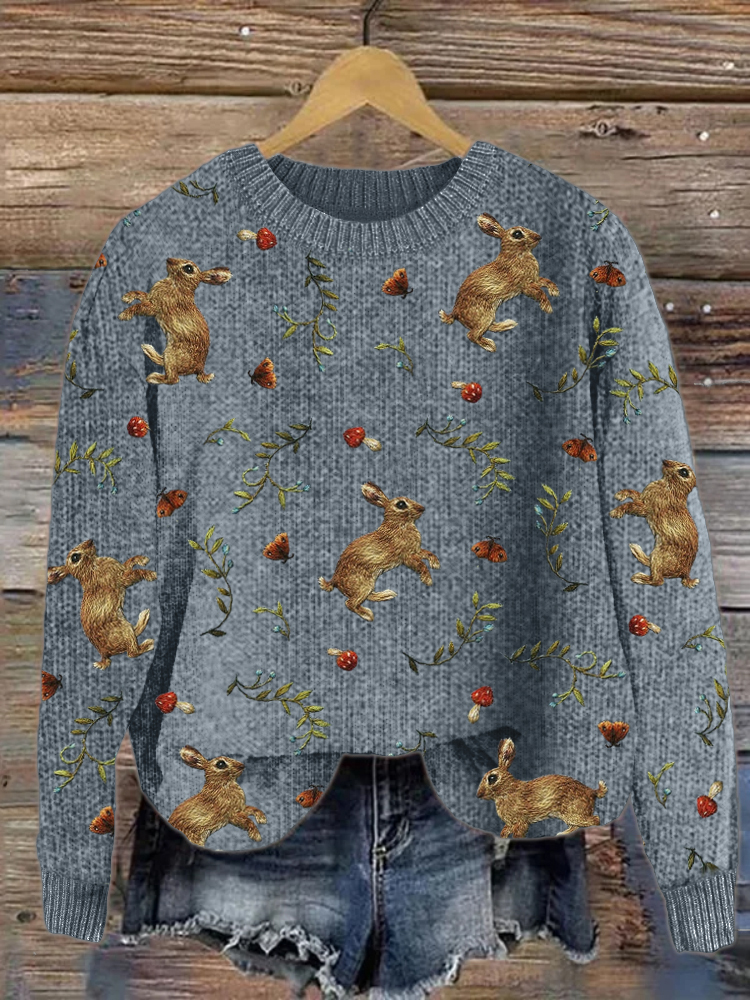 Forest Hare Floral Embroidery Pattern Cozy Knit Sweater