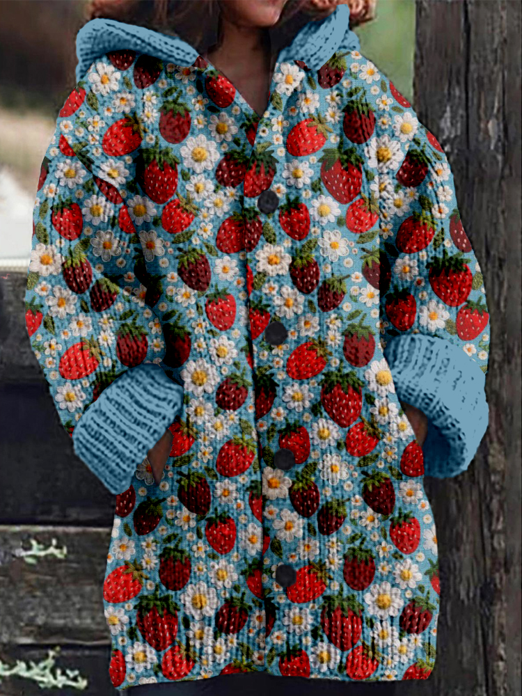 Felt Strawberries and Flowers Embroidered Comfy Knit Cardigan