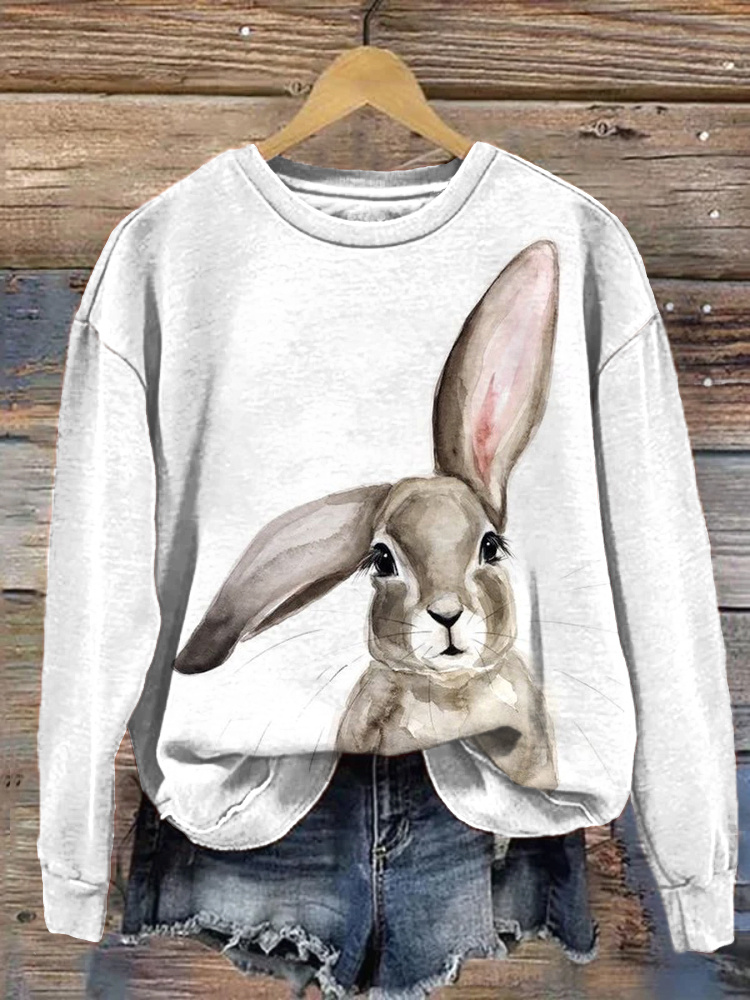 Watercolor Rabbit Print Casual Cozy Sweatshirt