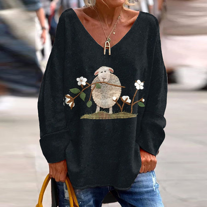 Sheep Comfort Print Casual V-Neck Loose T-Shirt
