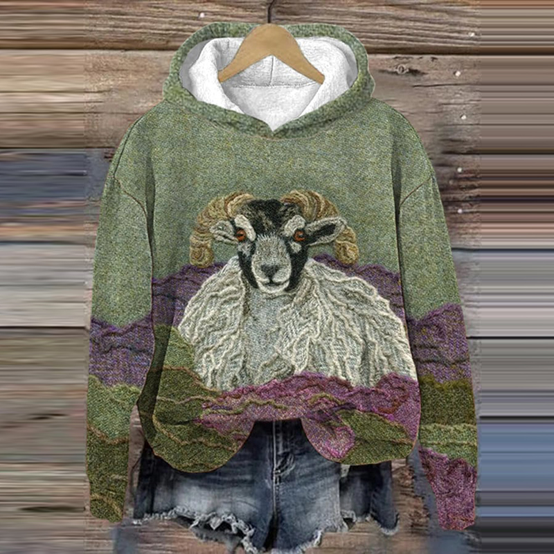 Vintage Sheep Print Casual Hoodie
