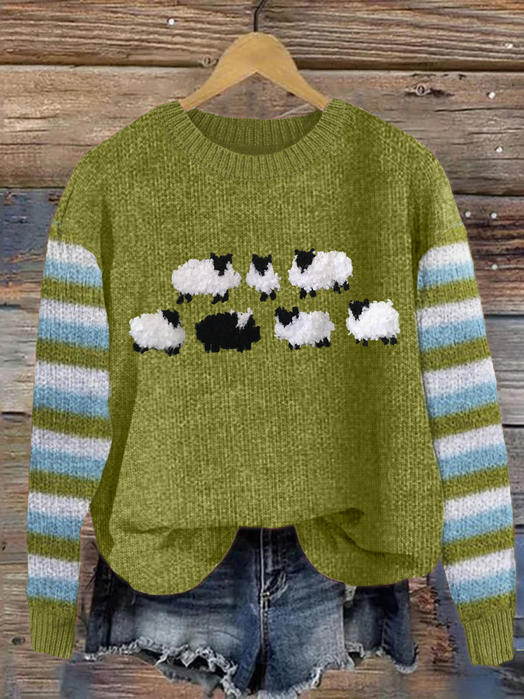 Fuzzy Sheep Vintage Striped Cozy Knit Sweater