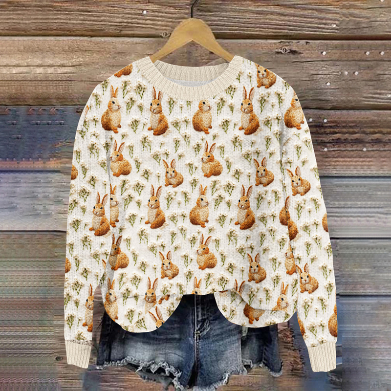 Rabbit Print Knitted Pullover Sweater