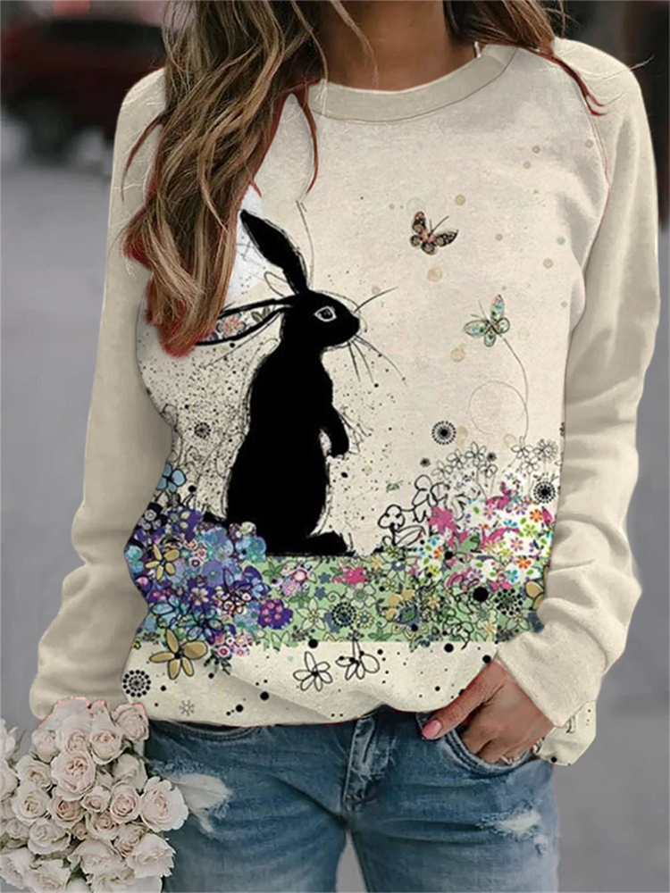 Easter Bunny & Butterfly Print Cozy Sweatshirt