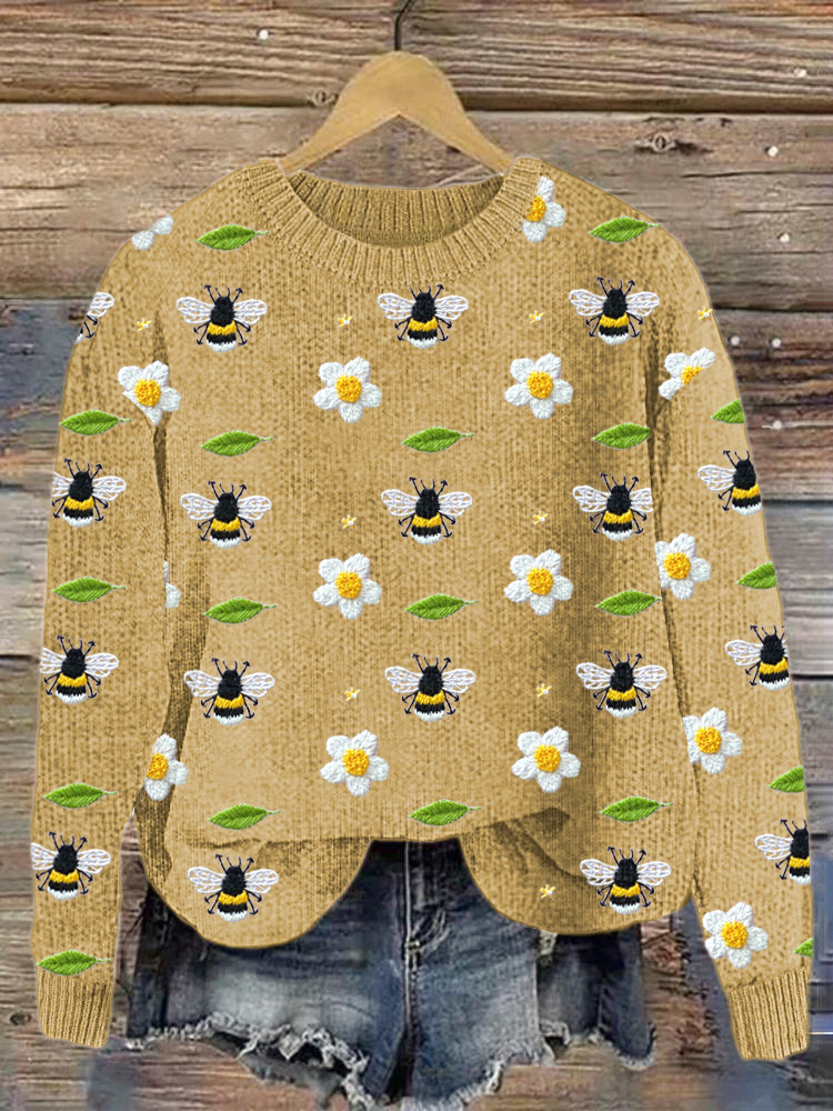 Bees & Flowers Embroidery Art Cozy Knit Sweater