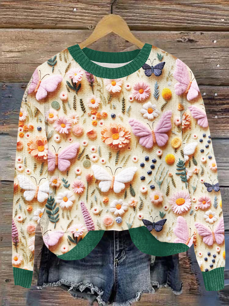 Butterfly Flower Print Knitted Pullover Sweater