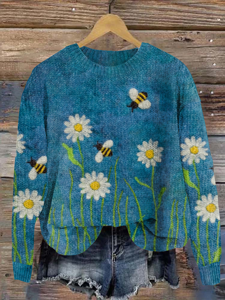 Bee Floral Pattern Cozy Knitted Sweater
