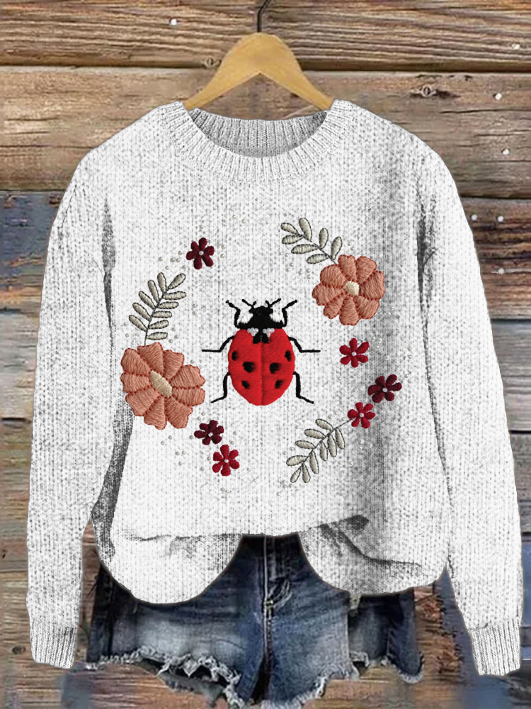 Ladybug & Flower Embroidery Knit Sweater