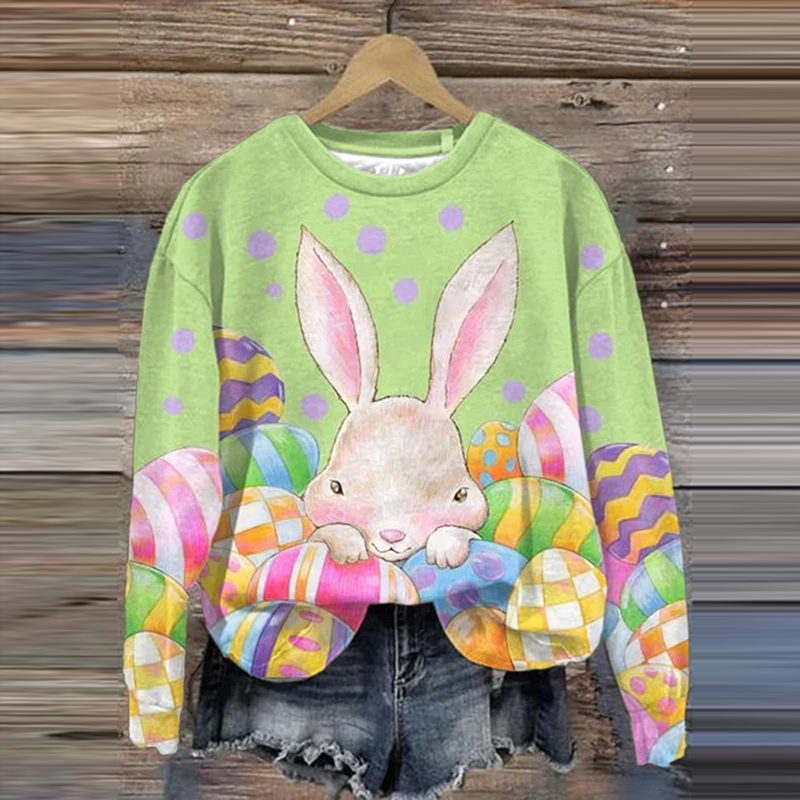 Women's Easter Bunny Egg Print Round Neck Sweatshirt