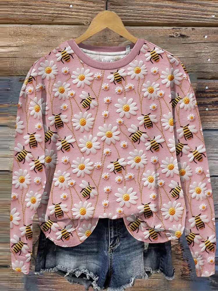 Daisy Bee Embroidery Art Print Casual Sweatshirt