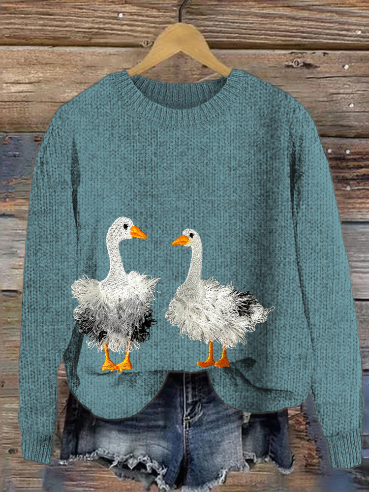 Fringed Fluffy Chenille Goose Farm Bird Animal Embroidery Sweater