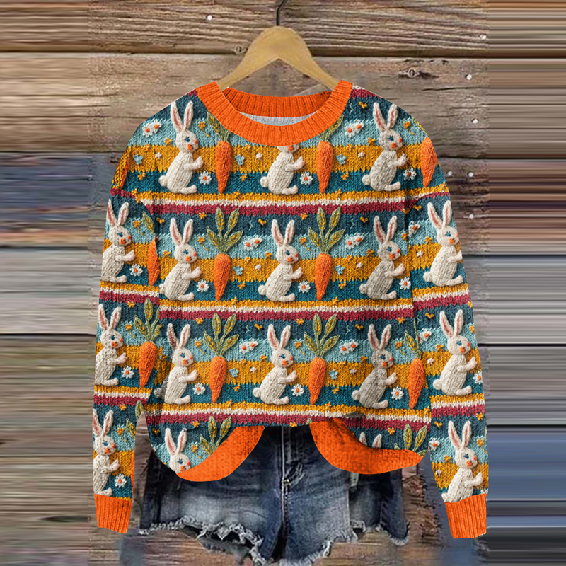 Vintage Cute Rabbit Print Knitted Pullover Sweater