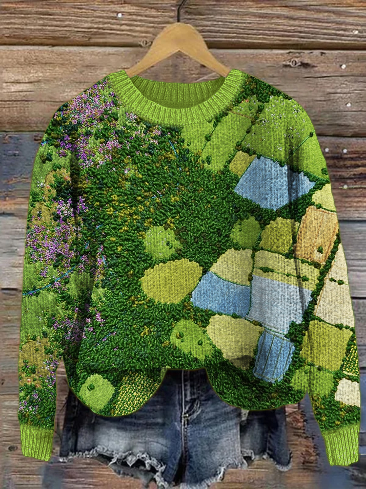 Farm Landscape Top View Embroidery Art Cozy Sweater