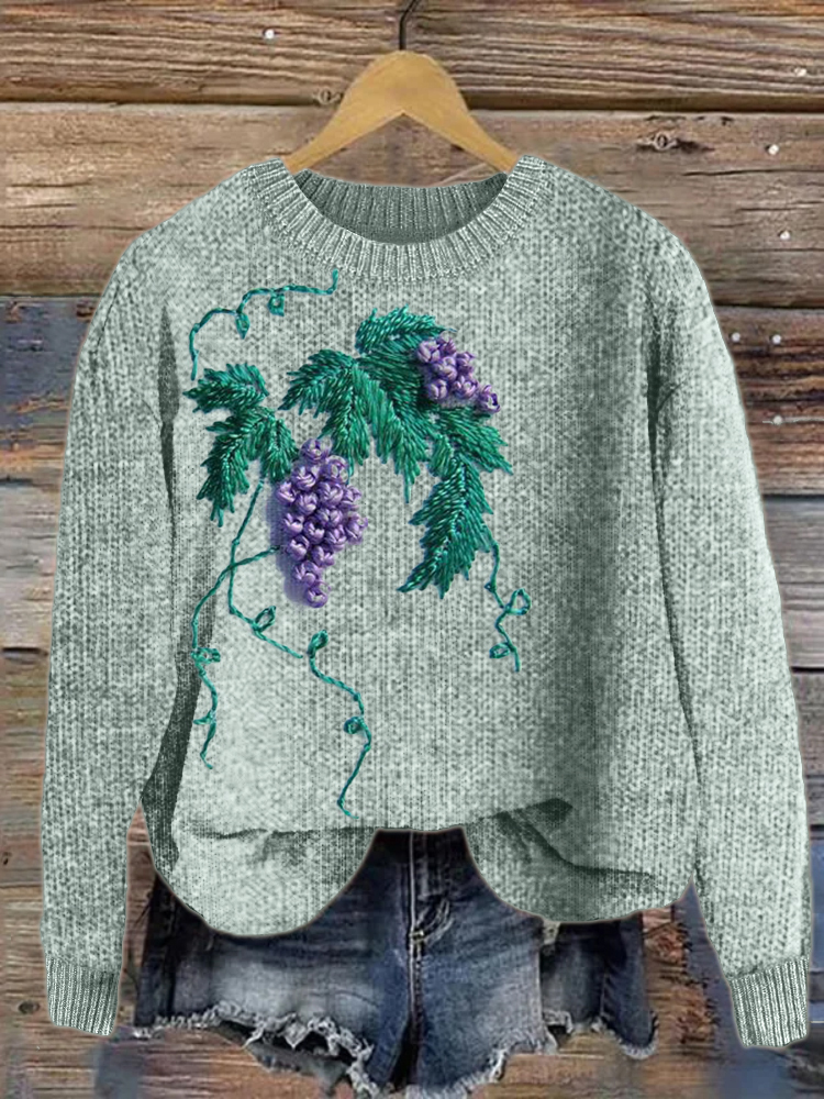 Elegant Grapes Embroidery Art Cozy Knit Sweater