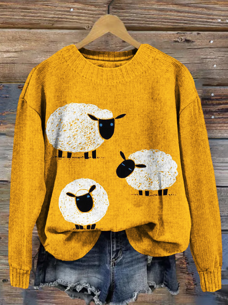 Lovely Sheep Art Pattern Crew Neck Cozy Knit Sweater