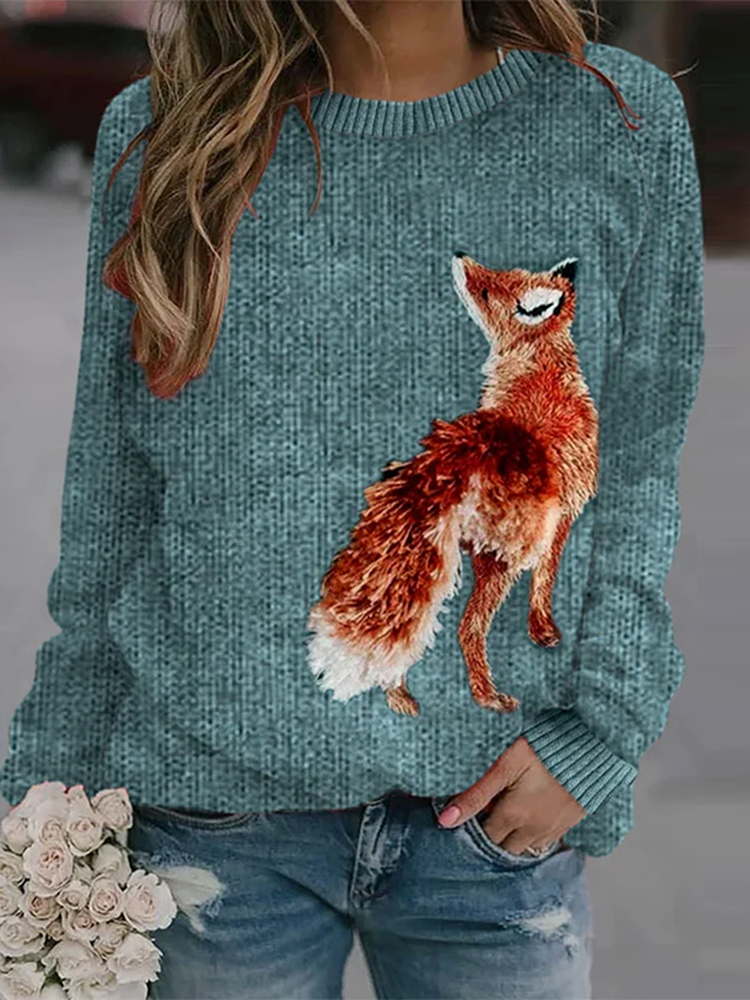 Women's Fox Print Round Neck Cozy Knit Sweater
