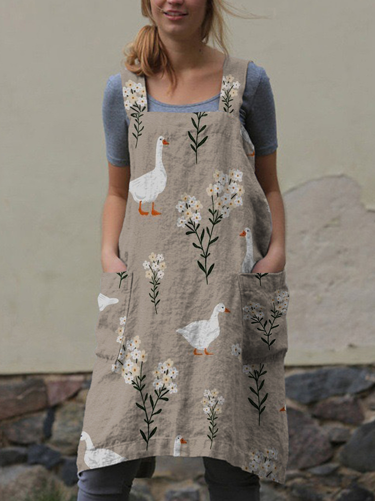 Farm Goose Floral Print Sling Pocket Apron Midi Dress
