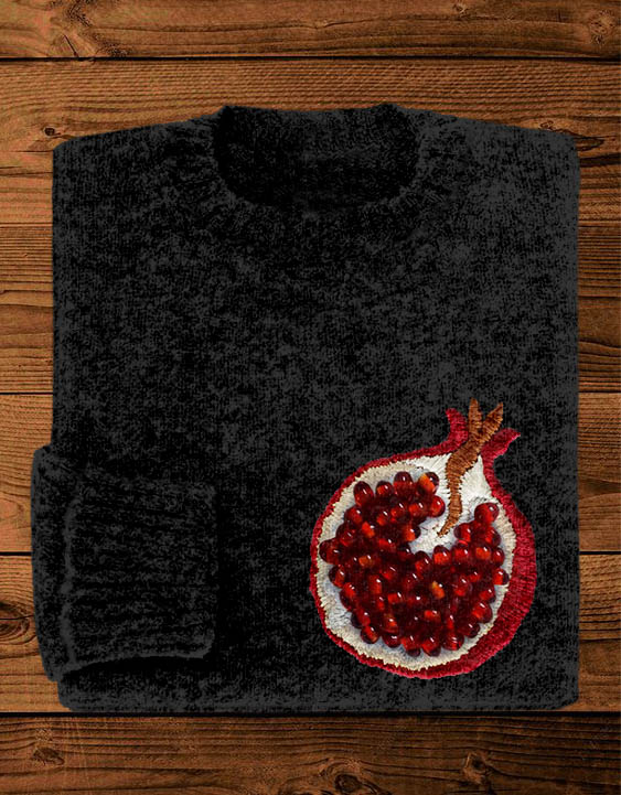 Pomegranate Bead Embroidery Art Cozy Knit Sweater