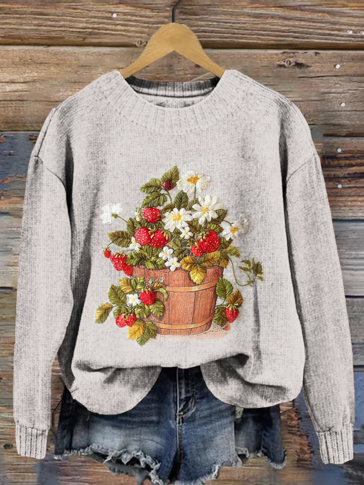 Cute Strawberries Embroidery Art Cozy Knit Sweater