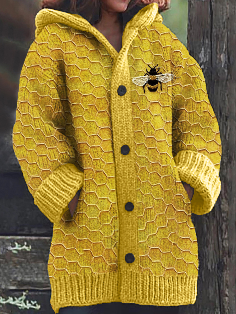 Bee & Honeycomb Embroidery Pattern Cozy Hooded Cardigan