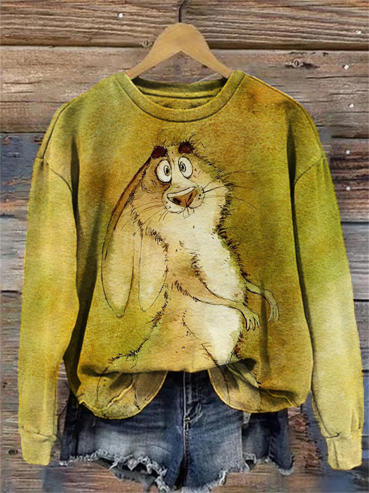 Watercolor Bunny Print Crew Neck Sweatshirt