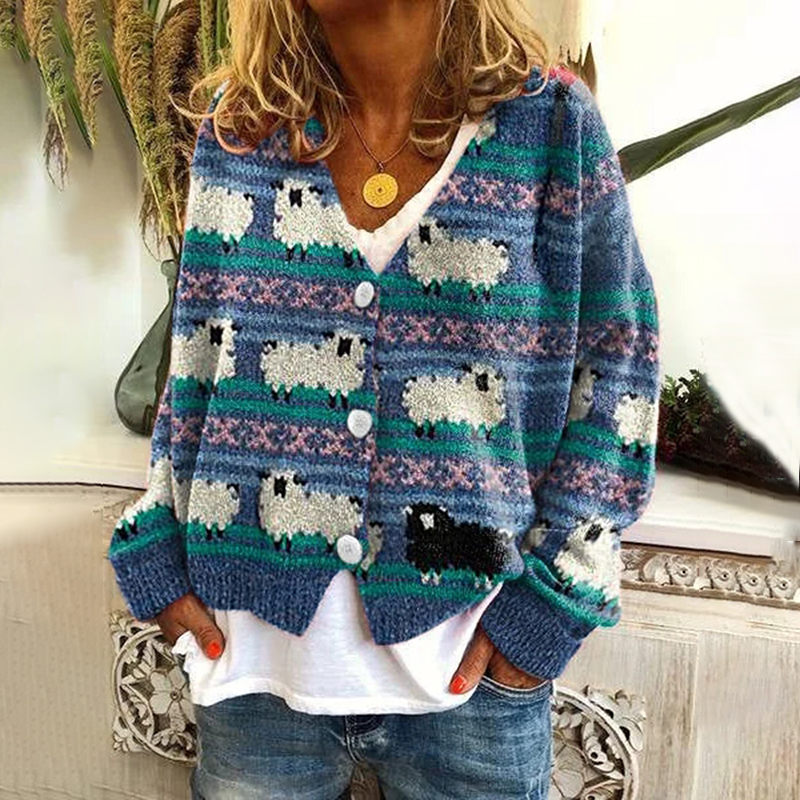 Women's Lovely Sheep Animal Sheep Print Cardigan