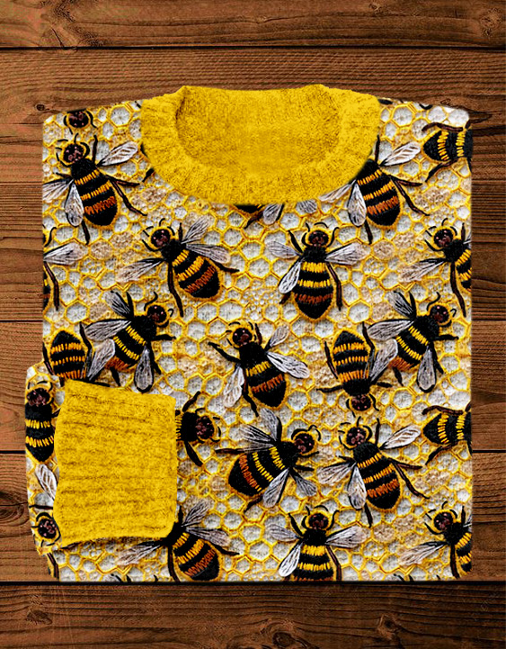 Bees in Honeycomb Embroidery Art Cozy Sweater