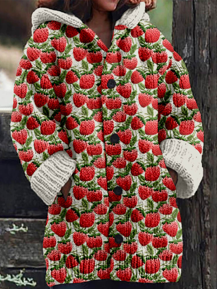 Strawberry Embroidery Art Pattern Cozy Knit Cardigan