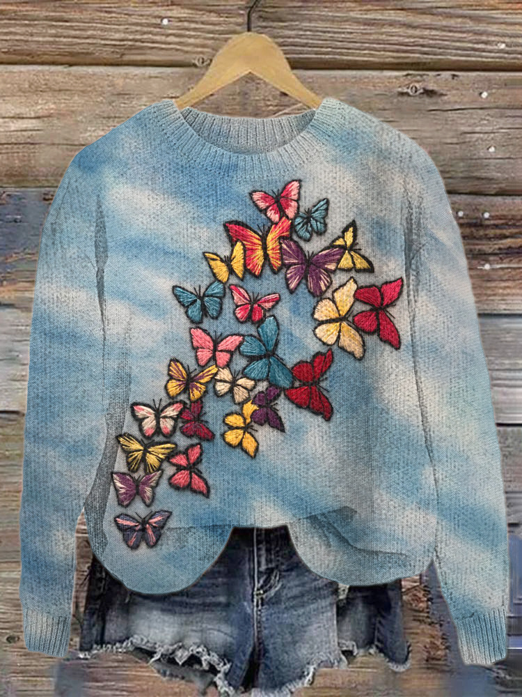 Butterfly Embroidery Art Casual Cozy Knit Sweater