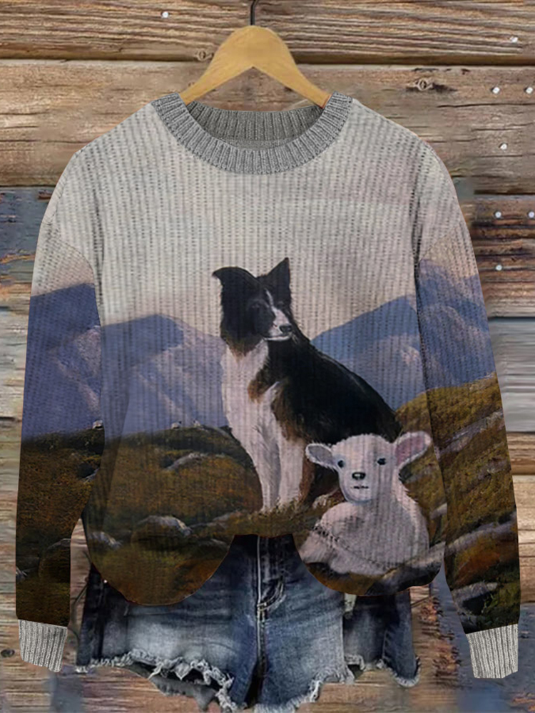 Border Collie & Sheep Art Graphic Crew Neck Cozy Knit Sweater