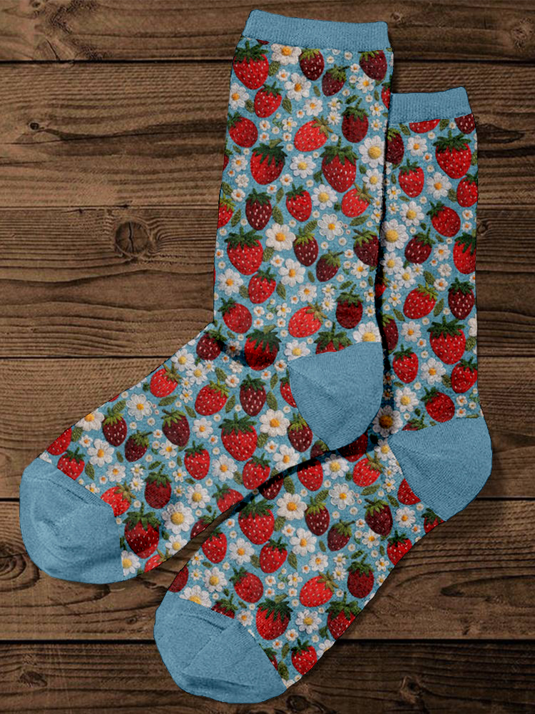 Felt Strawberries and Flowers Embroidery Art Cozy Socks