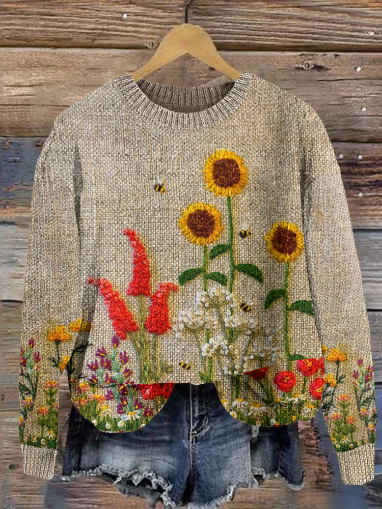 Cottage Garden Sunflower Bees Embroidery Pattern Knit Art Cozy Crew Neck Sweater