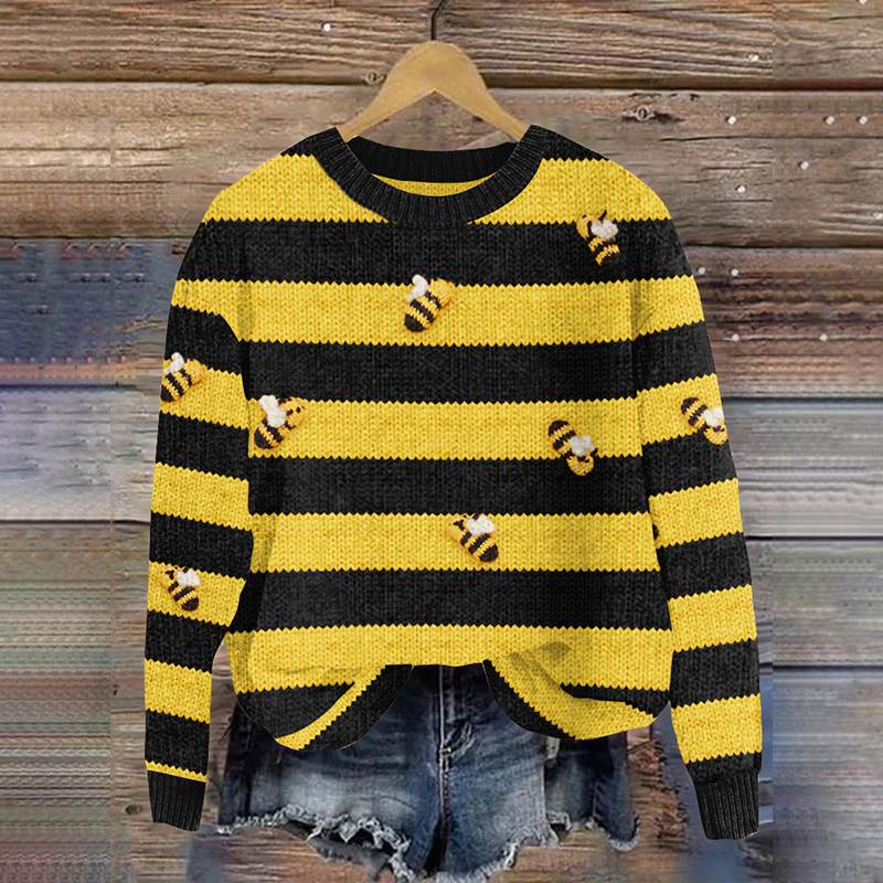 Bee Print Striped Knitted Pullover Sweater