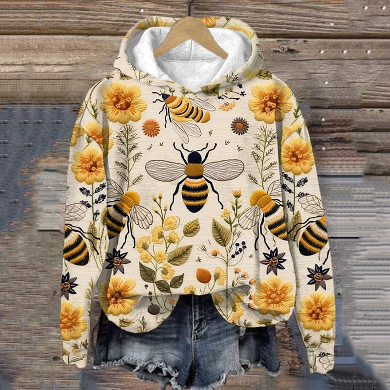 Bee And Flower Embroidered Art Print Long Sleeved Sweatshirt