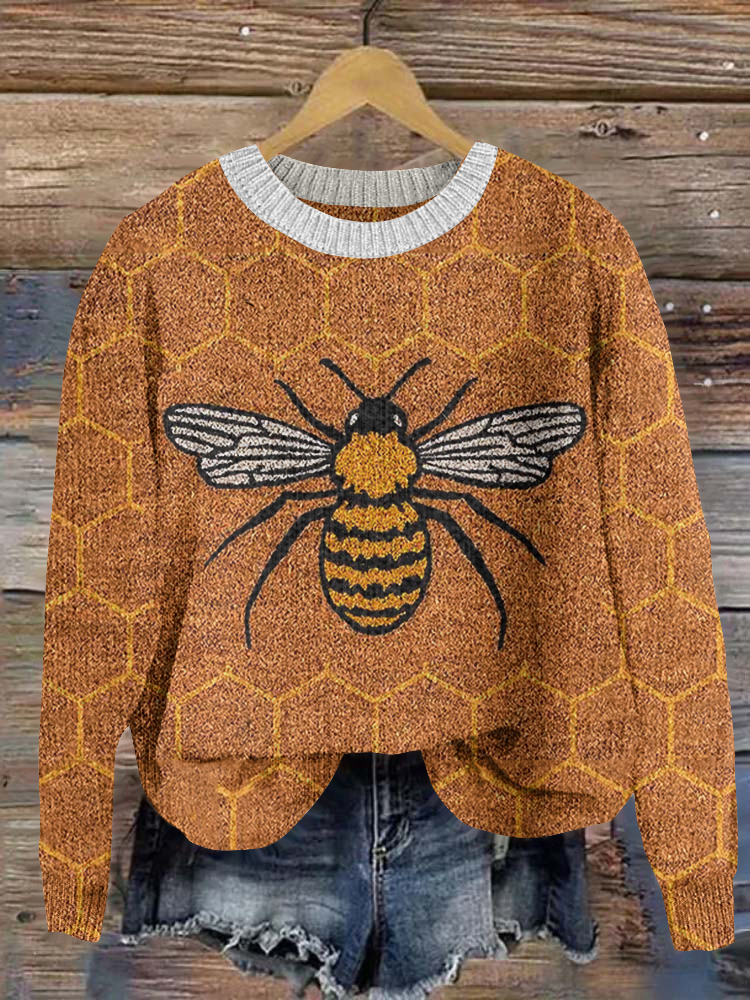 Funny Bees Pattern Cozy Knit Sweater