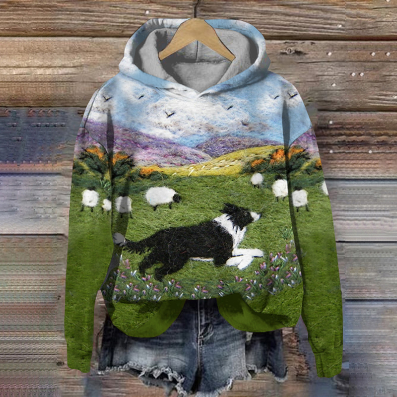 Funny Running Sheepdog Wool Felt Cozy Hoodie