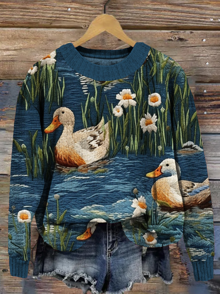 Swimming Ducks Embroidery Pattern Cozy Knit Sweater