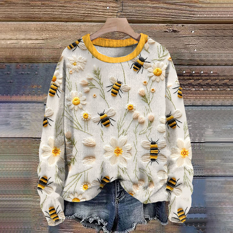 Daisy Bee Embroidery Art Print Casual Sweatshirt