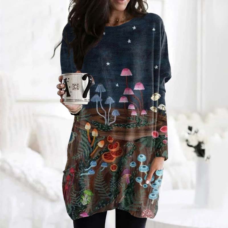 Vintage Forest Mushrooms Long Sleeve Casual Tunic