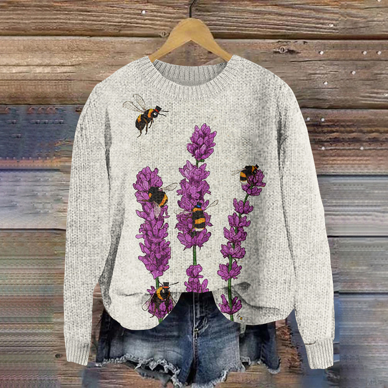 Floral Cute Bees Pattern Cozy Knit Sweater