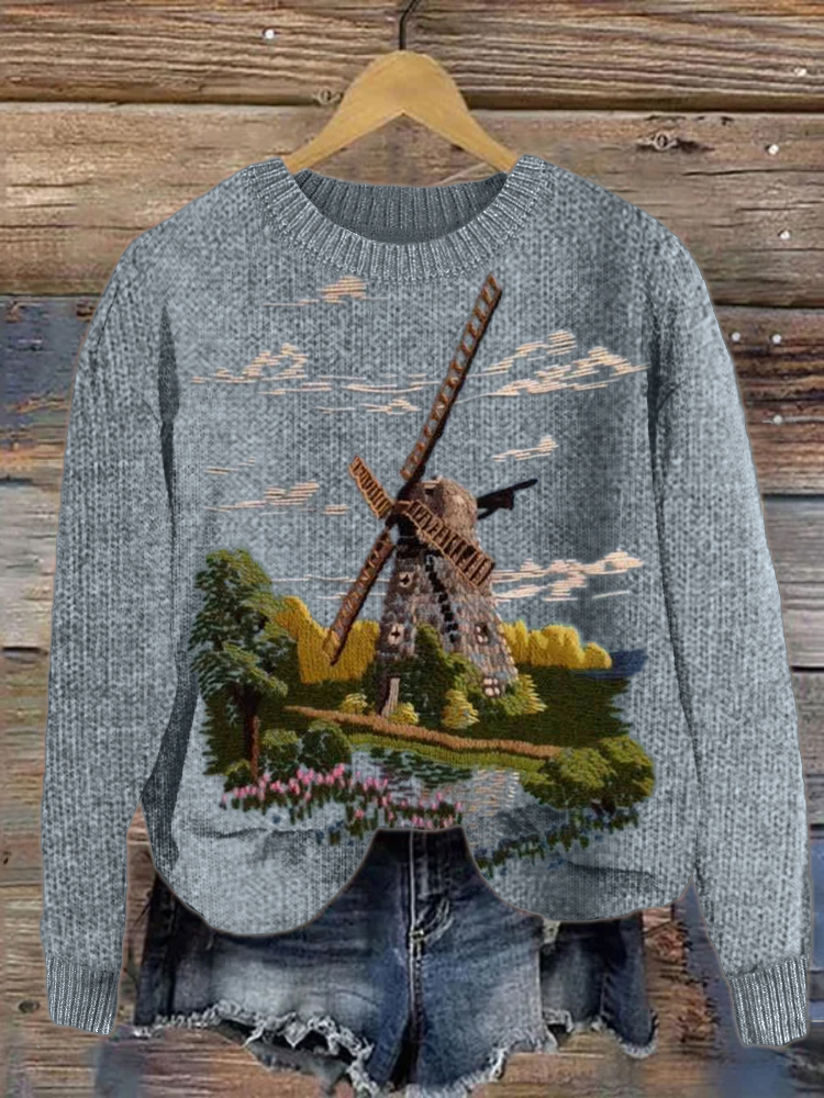 Windmill Farm Landscape Embroidery Art Cozy Sweater