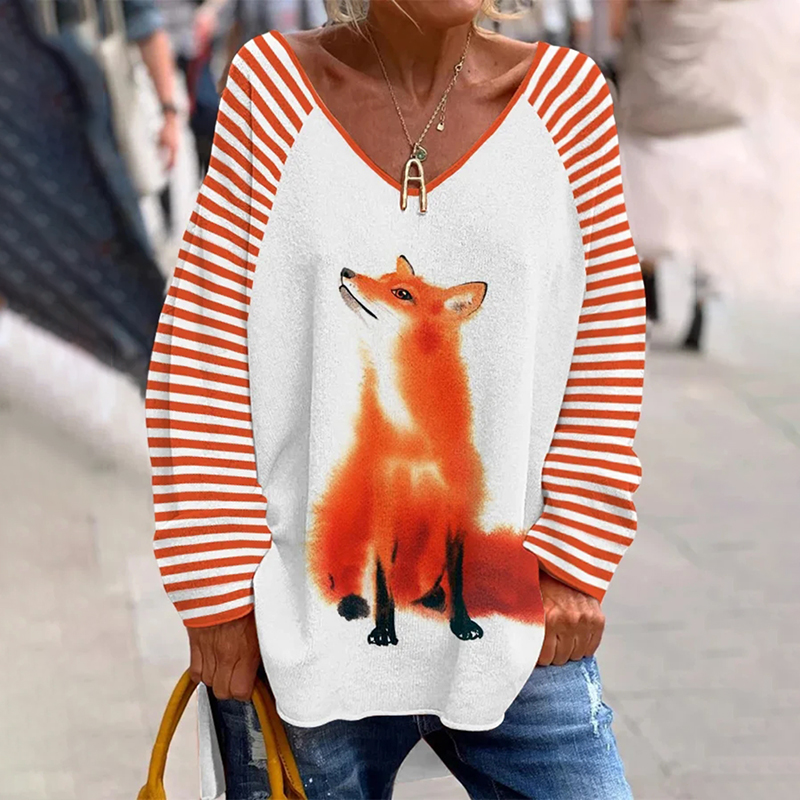 Women's Watercolor Fox Print Striped V-Neck T-Shirt ​