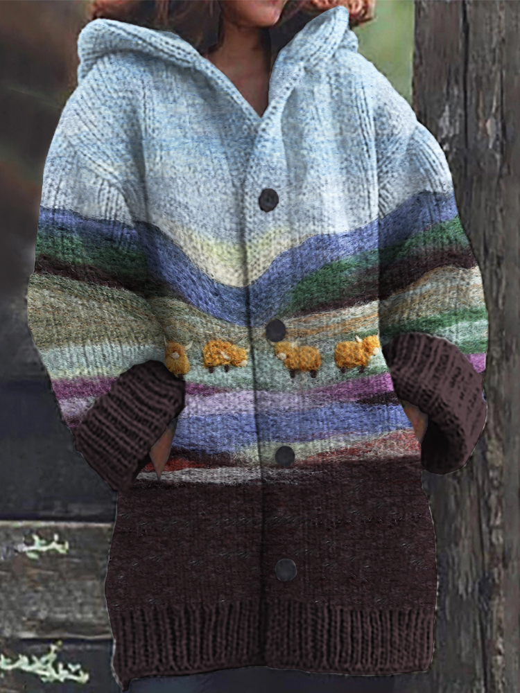 Highland Cows Mountains Landscape Felt Art Cozy Hooded Cardigan