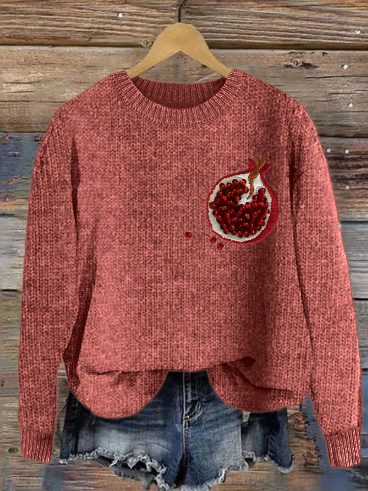 Pomegranate Beaded Embroidery Art Cozy Knit Sweater